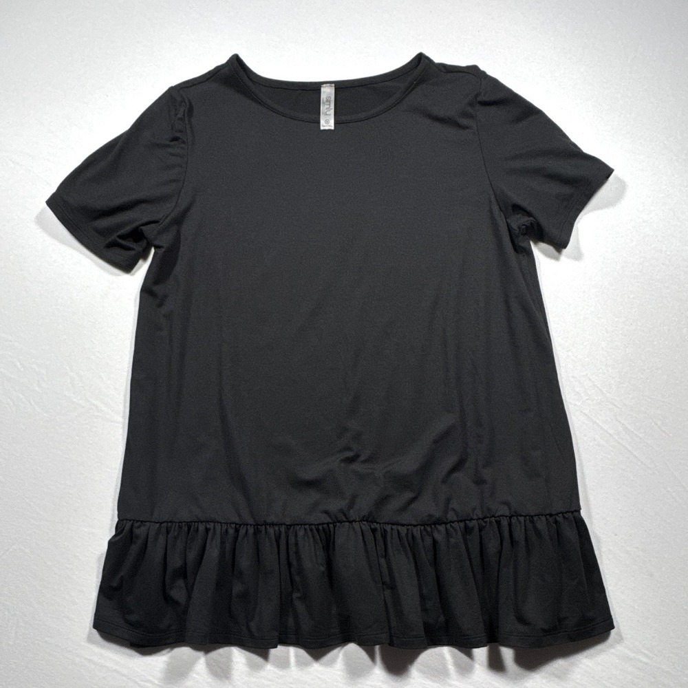 Simlu Womens Black Ruffle Hem Short Sleeve Pullover Knit Top S530E Medium